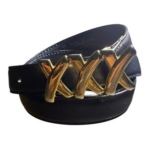 Paloma Picasso Leather Belt MD 75 Navy Gold Triple X Buckle Vintage Italy